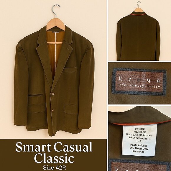 Kroon Olive Green Cotton Stretch Blazer 42RModern Casual Sport Coat Jacket